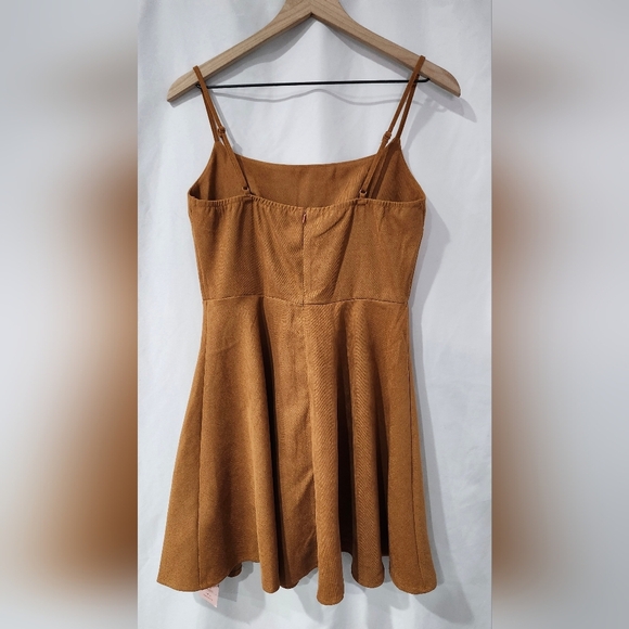 Retro Faux Suede Dress Size Medium Chestnut Strappy Mini Empire Coquette Girl - Picture 4 of 7